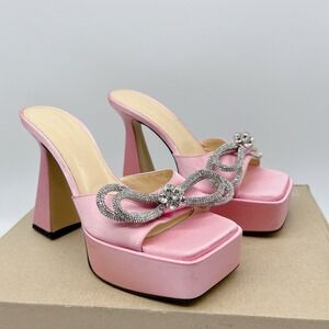 Mach & Mach Double Bow Platform Mules High Heels Platform Pink Satin EU 39 US 9